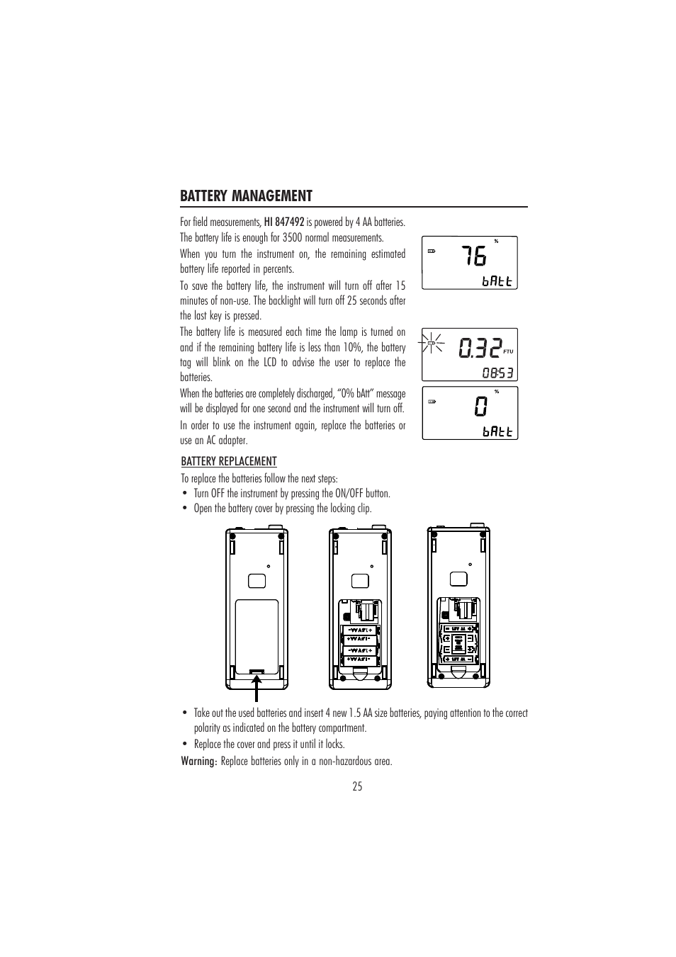 Battery management | Hanna Instruments HI847492 User Manual | Page 25 / 28