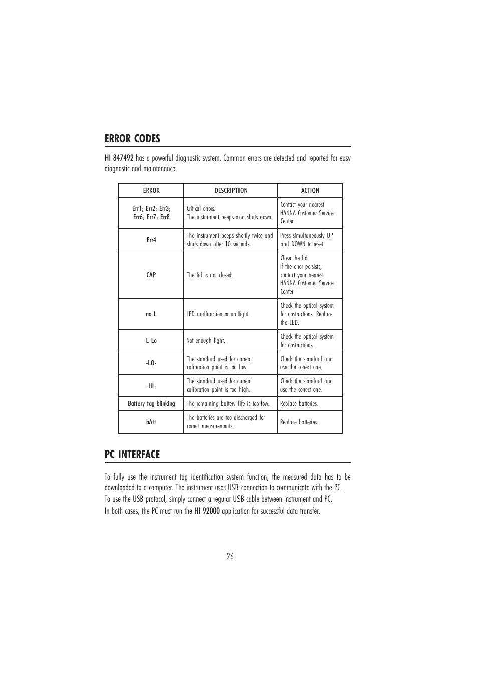 Error codes, Pc interface | Hanna Instruments HI847492 User Manual | Page 26 / 28