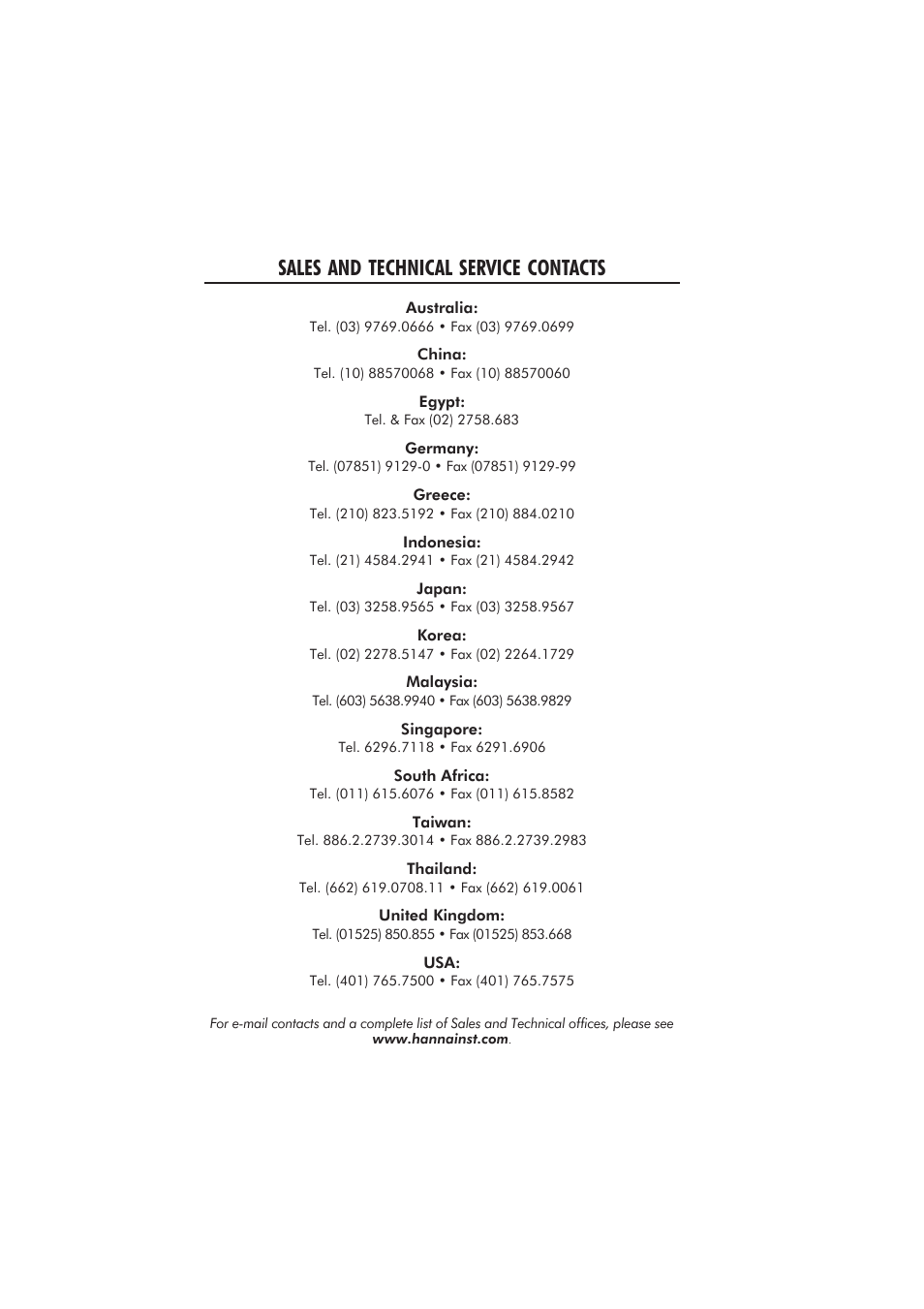 Sales and technical service contacts | Hanna Instruments HI847492 User Manual | Page 28 / 28