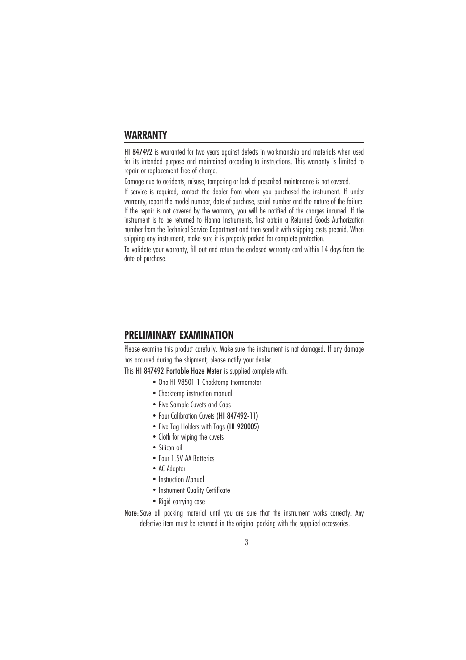Preliminary examination, Warranty | Hanna Instruments HI847492 User Manual | Page 3 / 28