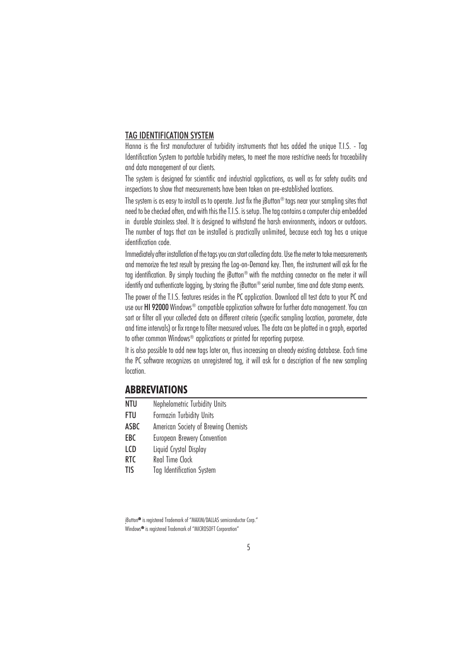 Abbreviations, Tag identification system | Hanna Instruments HI847492 User Manual | Page 5 / 28