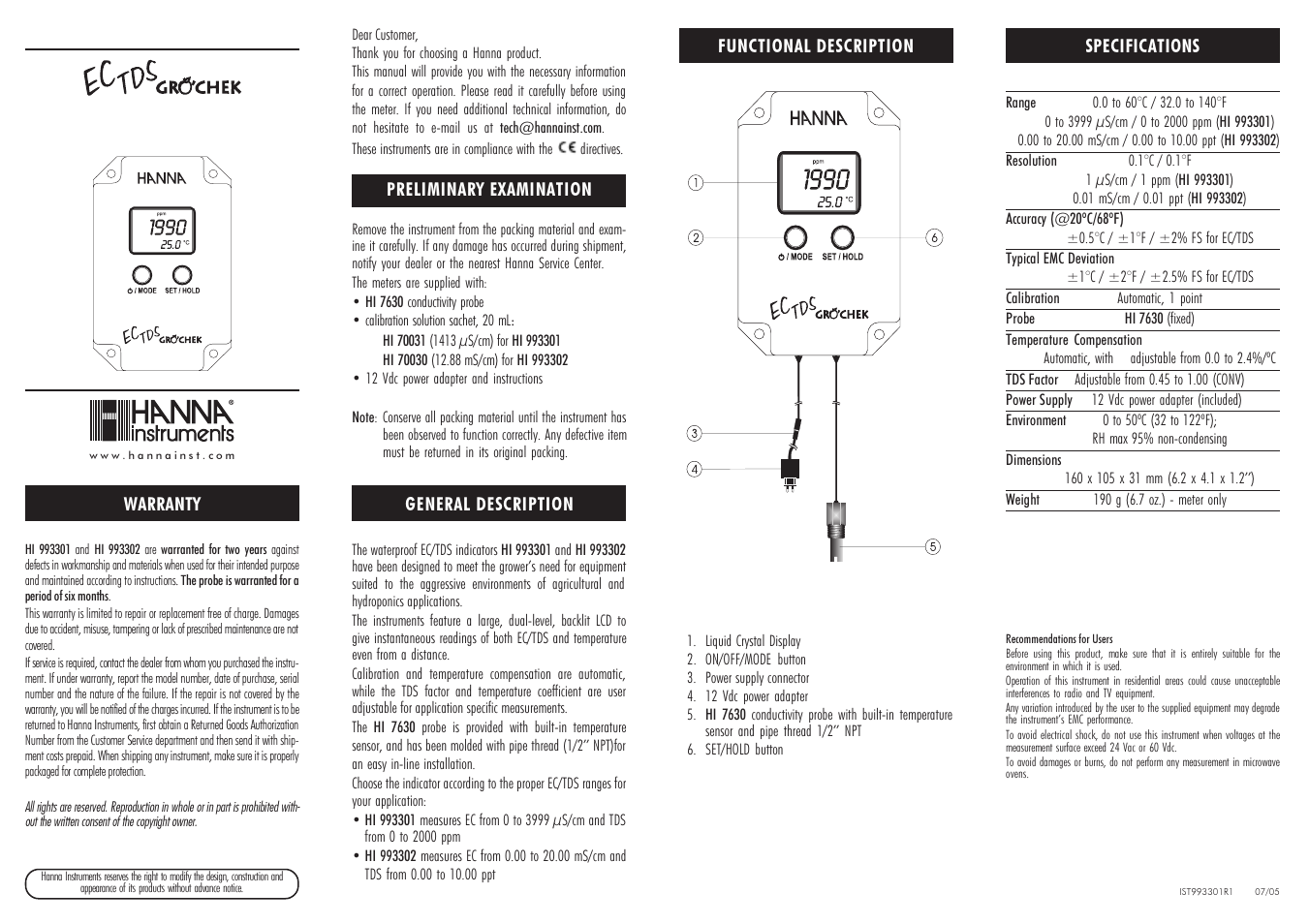 Hanna Instruments HI 993301 User Manual | 2 pages