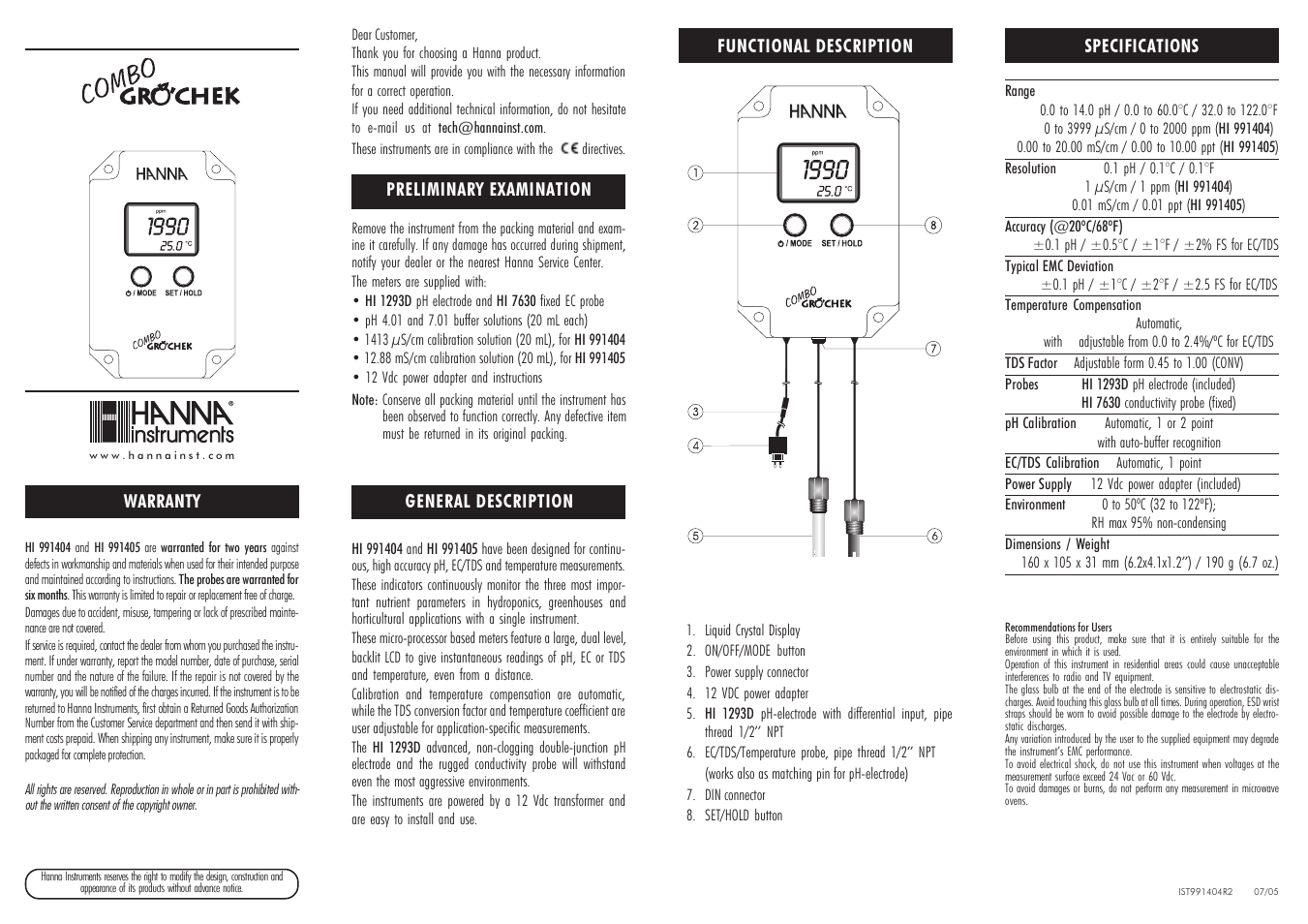 Hanna Instruments HI 991404-01 User Manual | 2 pages