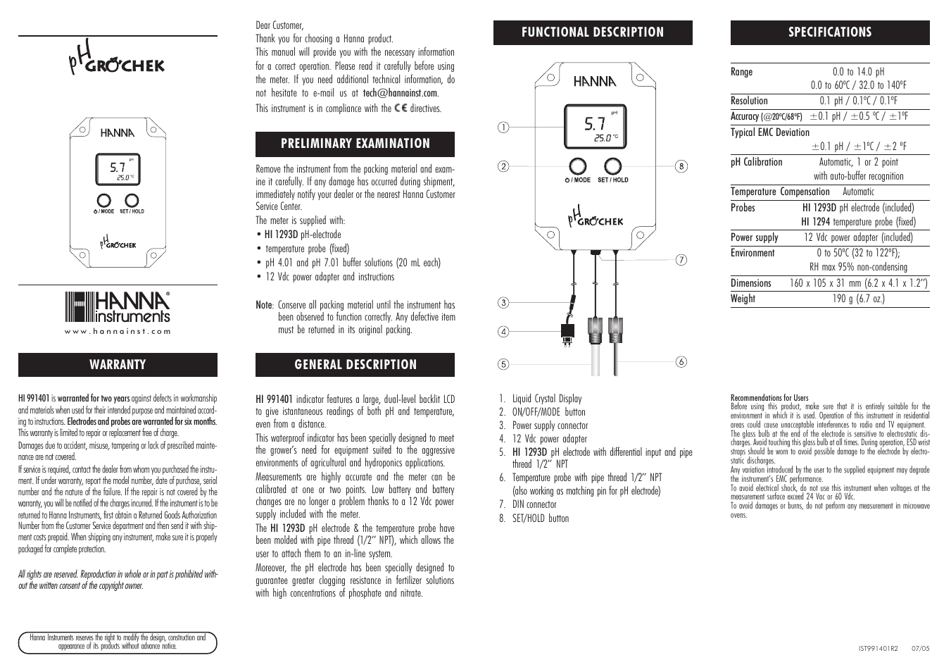 Hanna Instruments HI 991401-01 User Manual | 2 pages