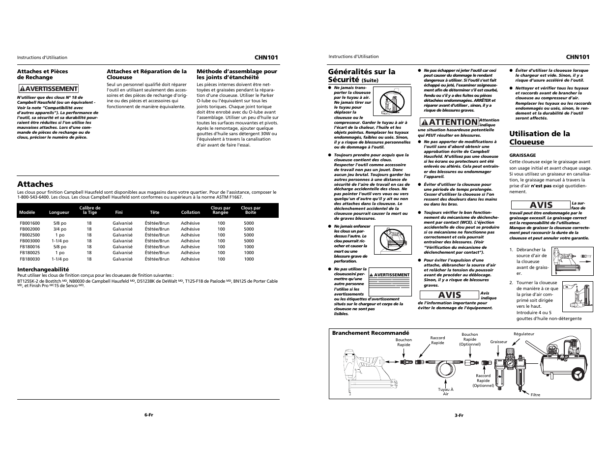 Avis, Attention, Attaches | Généralités sur la sécurité, Utilisation de la cloueuse | Campbell Hausfeld CHN101 User Manual | Page 11 / 12