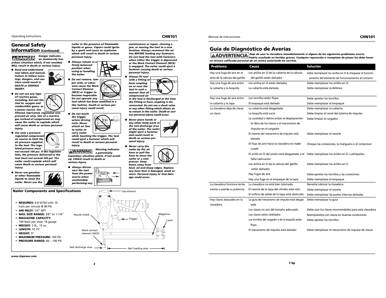 Guía de diagnóstico de averías, Advertencia, General safety information | Campbell Hausfeld CHN101 User Manual | Page 2 / 12