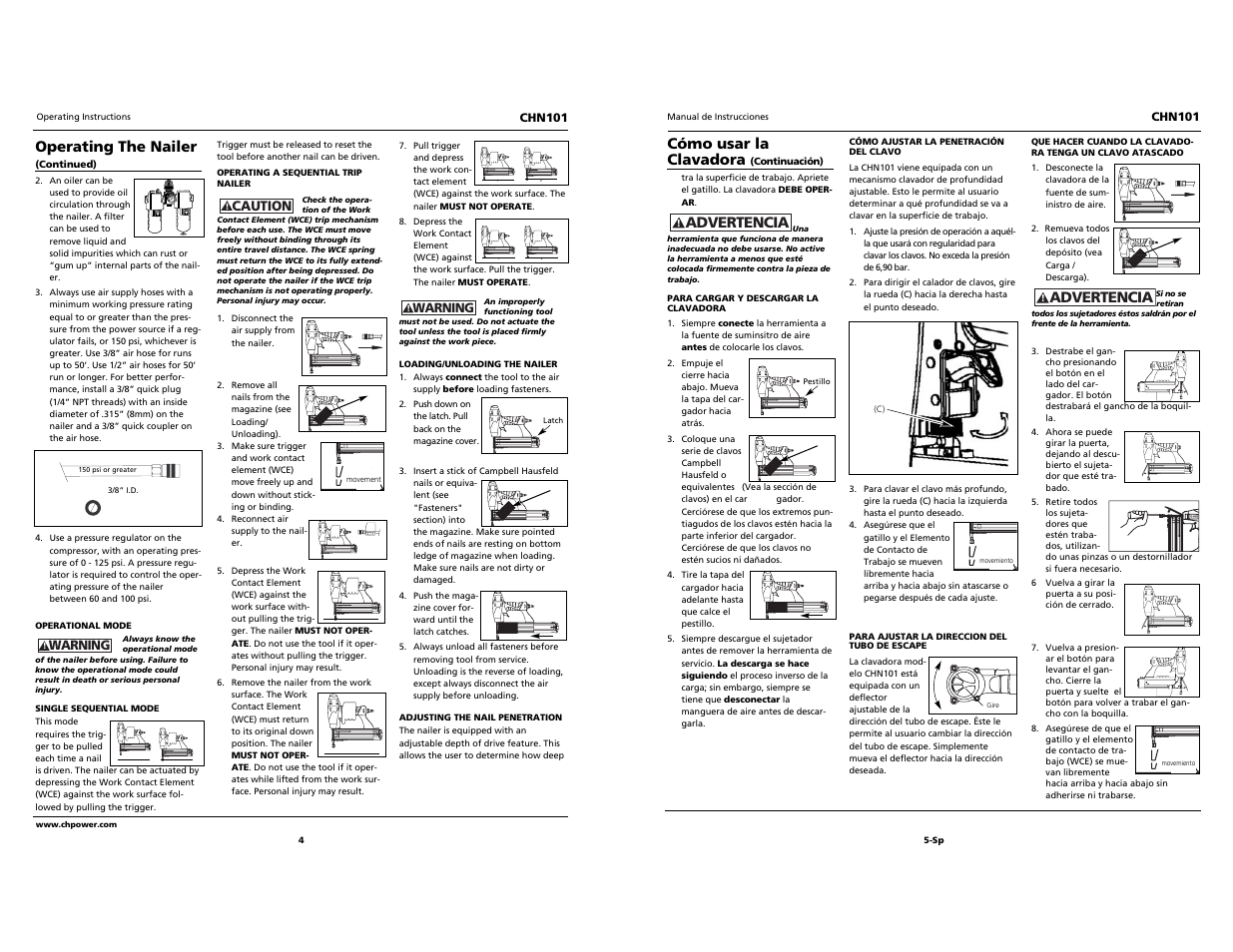 Built to last, Cómo usar la clavadora, Advertencia | Operating the nailer | Campbell Hausfeld CHN101 User Manual | Page 4 / 12