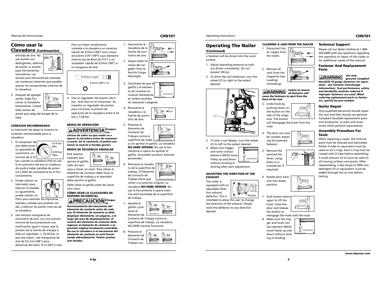 Built to last, Precaucion, Cómo usar la clavadora | Advertencia, Operating the nailer | Campbell Hausfeld CHN101 User Manual | Page 5 / 12