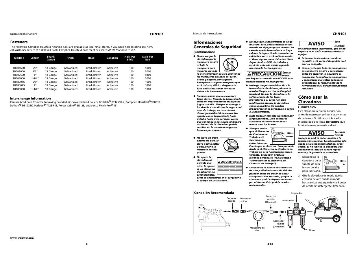 Aviso, Precaucion, Cómo usar la clavadora | Campbell Hausfeld CHN101 User Manual | Page 6 / 12