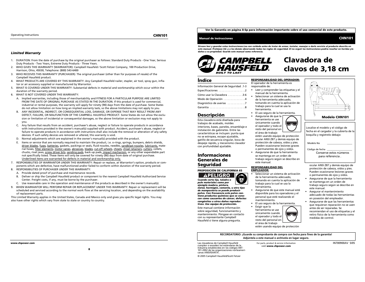 Clavadora de clavos de 3,18 cm, Peligro | Campbell Hausfeld CHN101 User Manual | Page 8 / 12