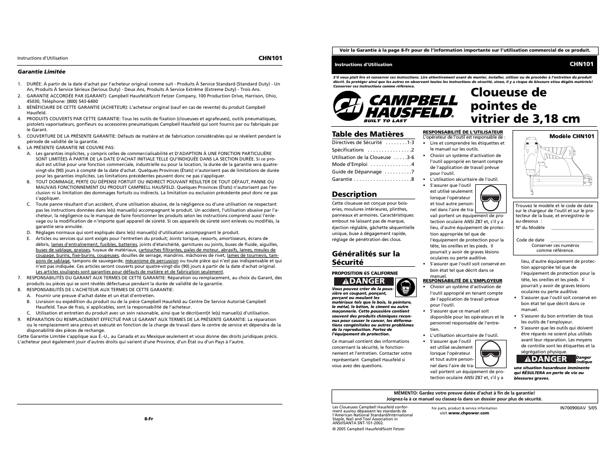 Cloueuse de pointes de vitrier de 3,18 cm, Danger | Campbell Hausfeld CHN101 User Manual | Page 9 / 12