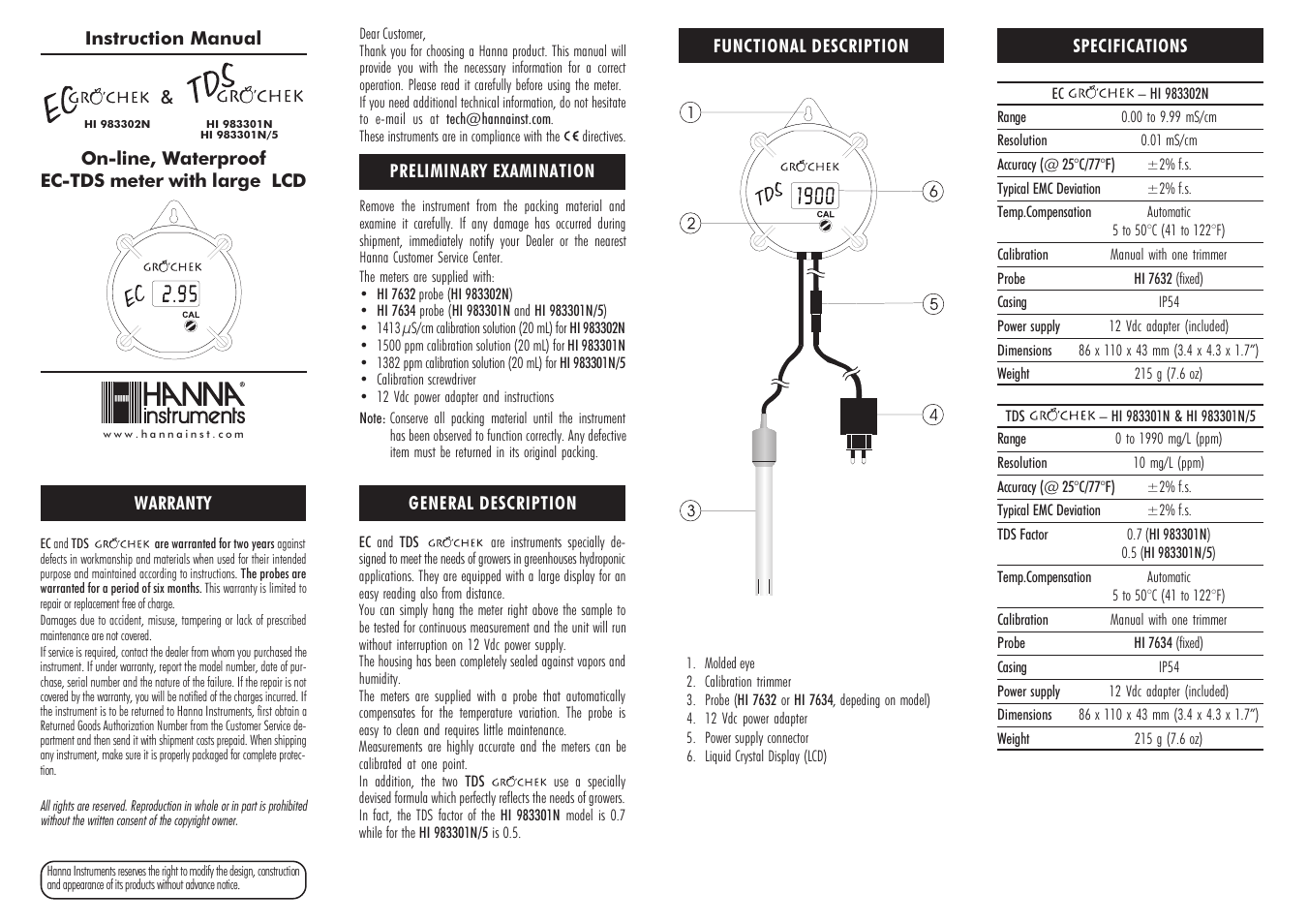 Hanna Instruments HI 983301N User Manual | 2 pages
