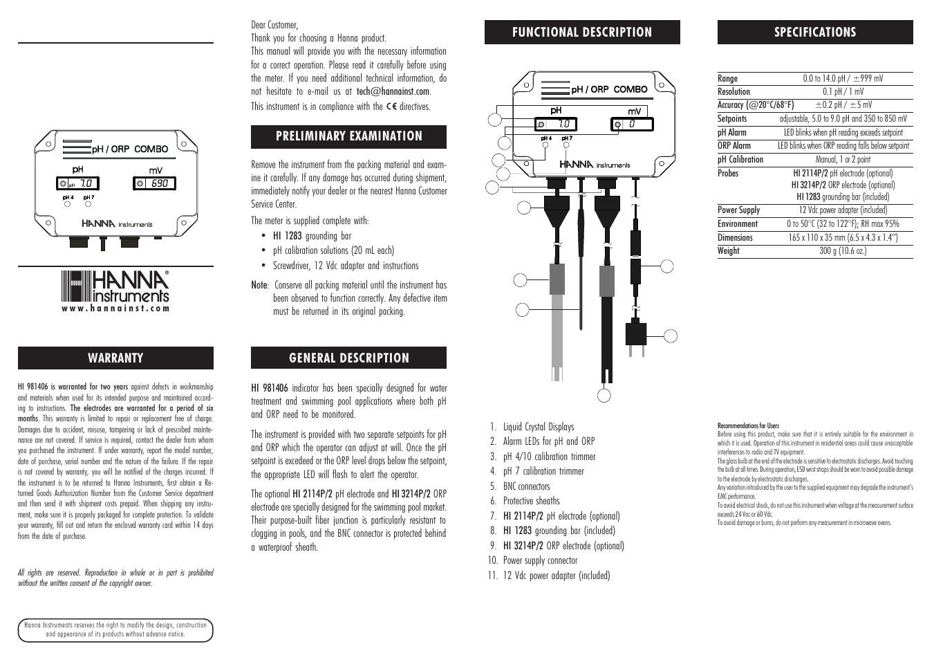 Hanna Instruments HI 981406 User Manual | 2 pages