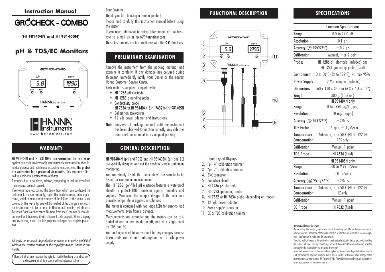 Hanna Instruments HI 981404N-01 User Manual | 2 pages
