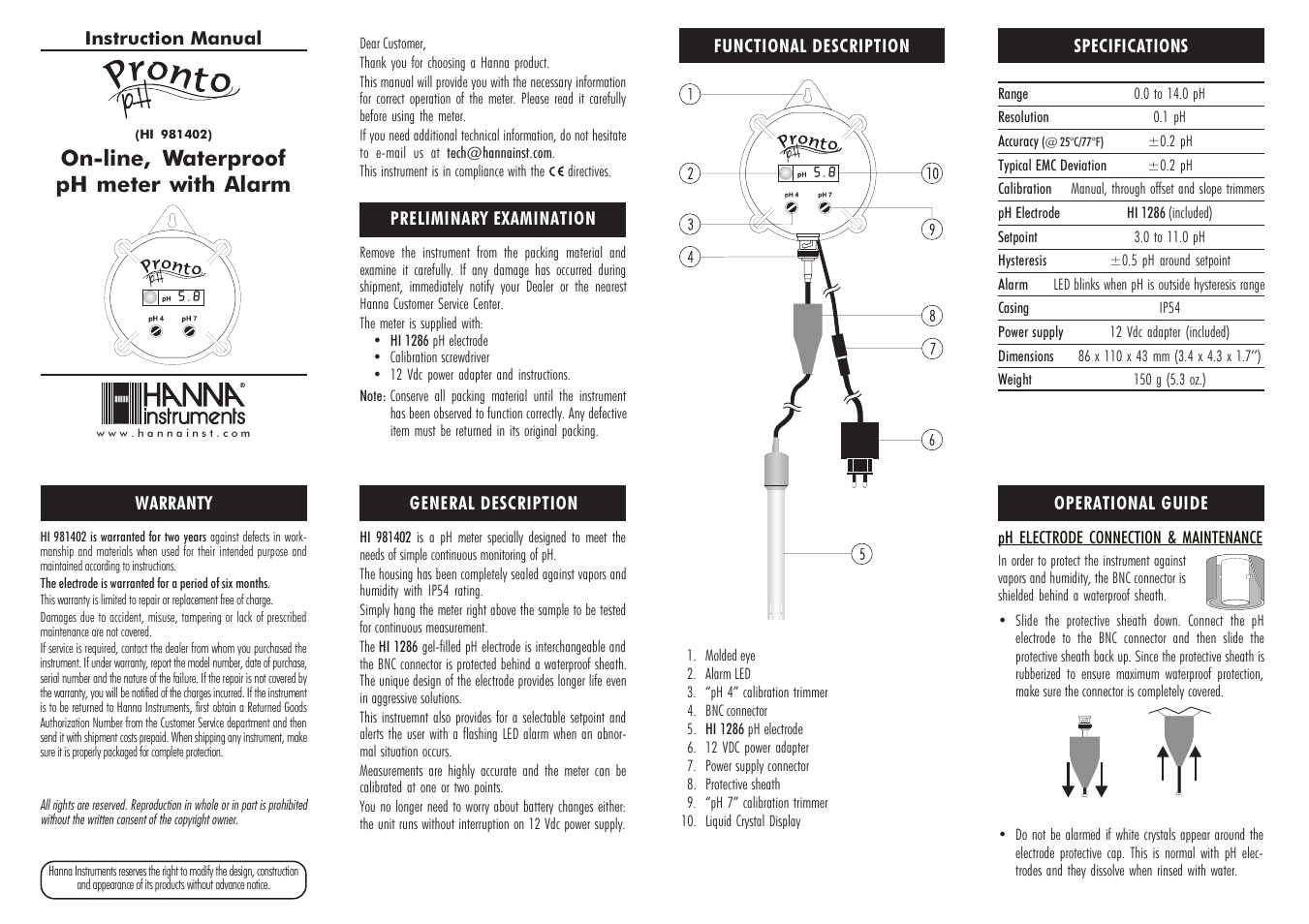 Hanna Instruments HI 981402 User Manual | 2 pages