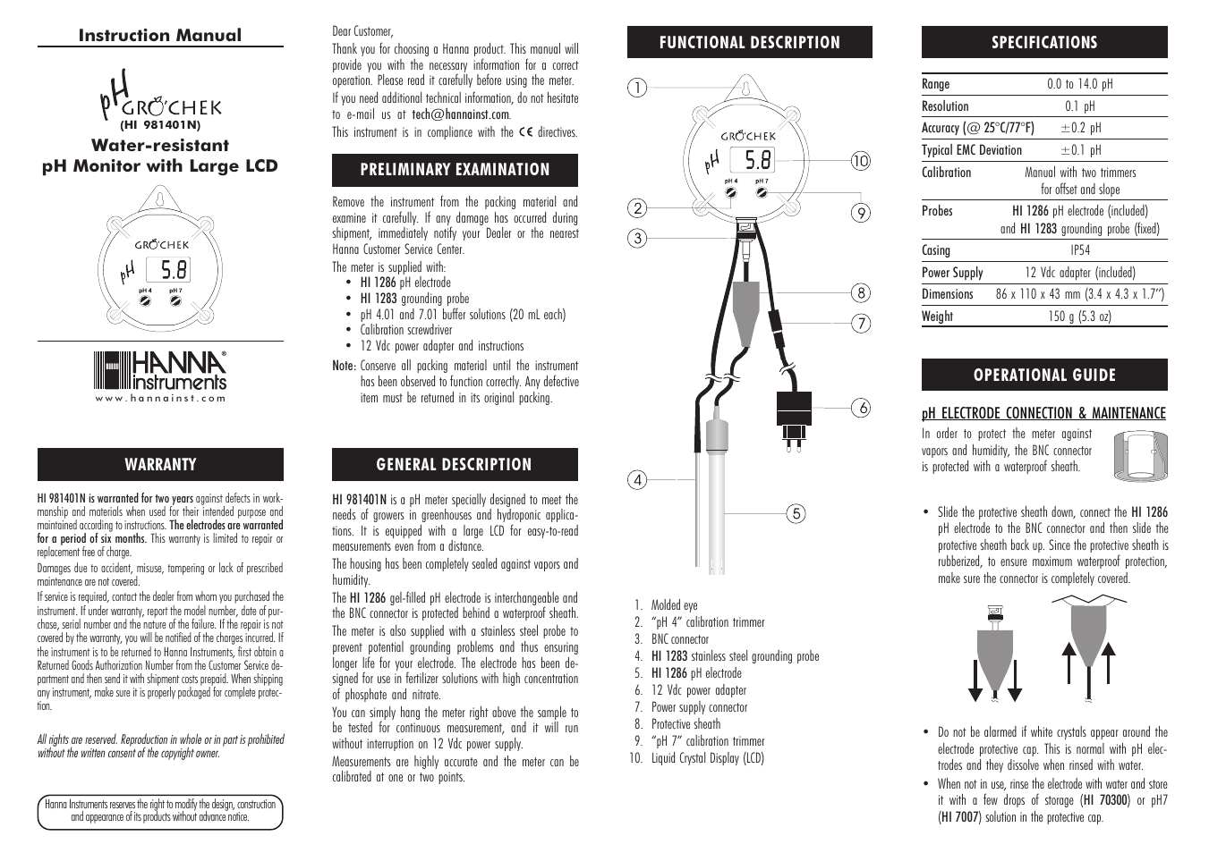 Hanna Instruments HI 981401N User Manual | 2 pages