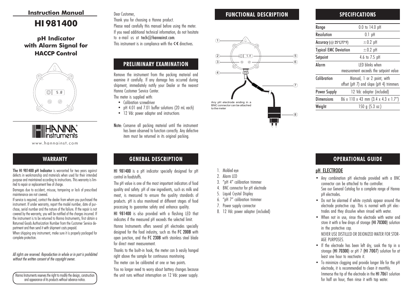 Hanna Instruments HI 981400 User Manual | 2 pages