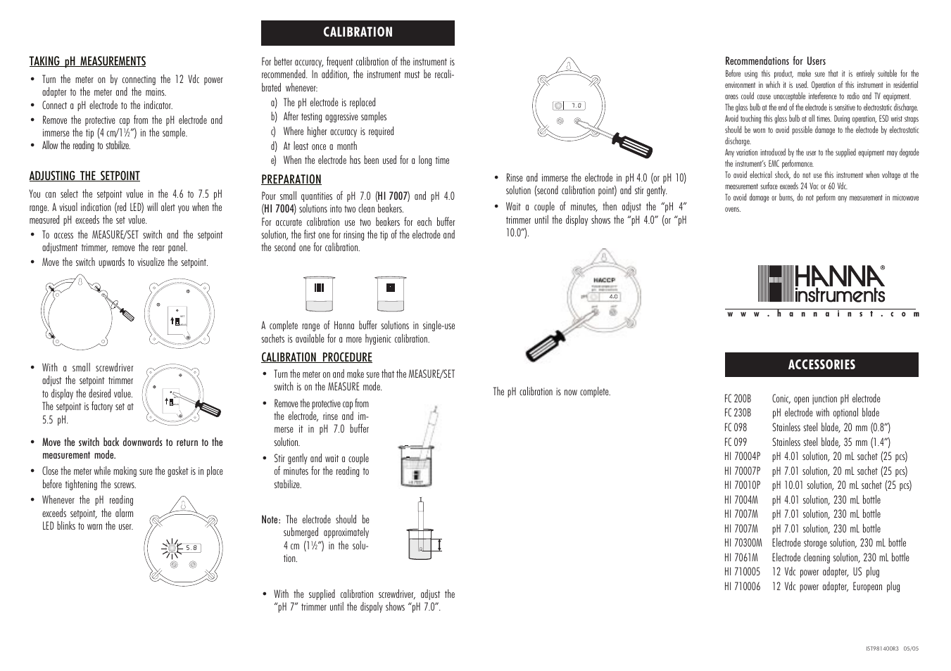 Calibration, Accessories | Hanna Instruments HI 981400 User Manual | Page 2 / 2