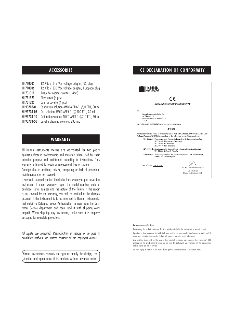 Ce declaration of conformity, Accessories warranty | Hanna Instruments LP 2000 User Manual | Page 8 / 9