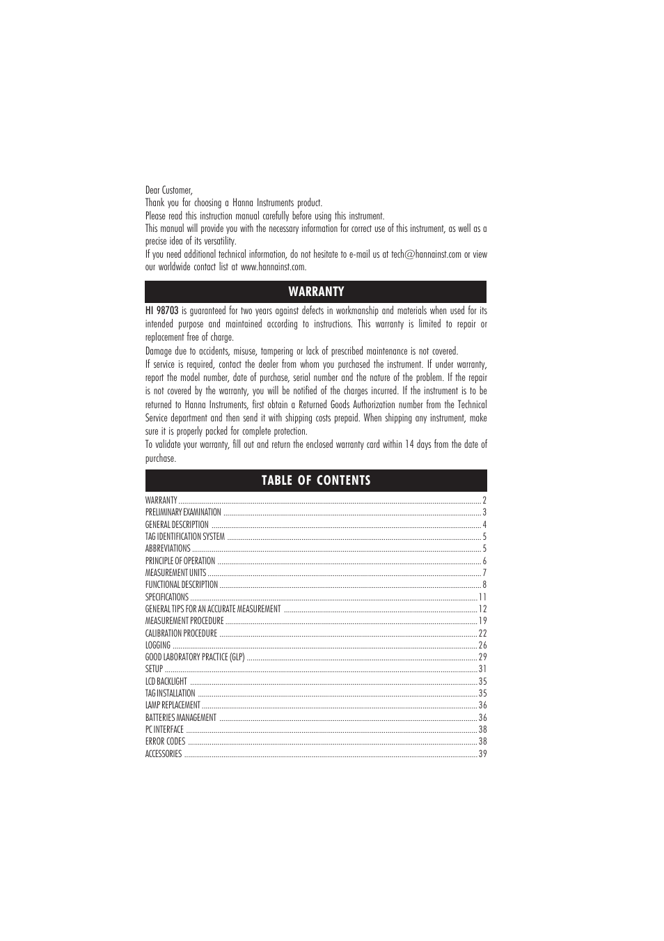 Hanna Instruments HI 98703 User Manual | Page 2 / 40