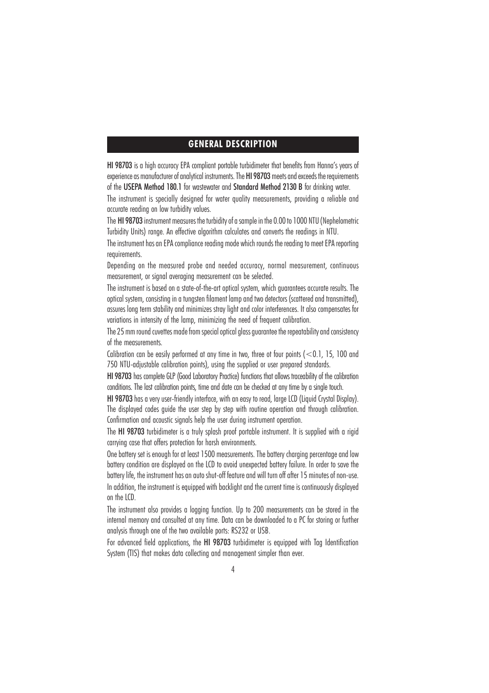 General description | Hanna Instruments HI 98703 User Manual | Page 4 / 40