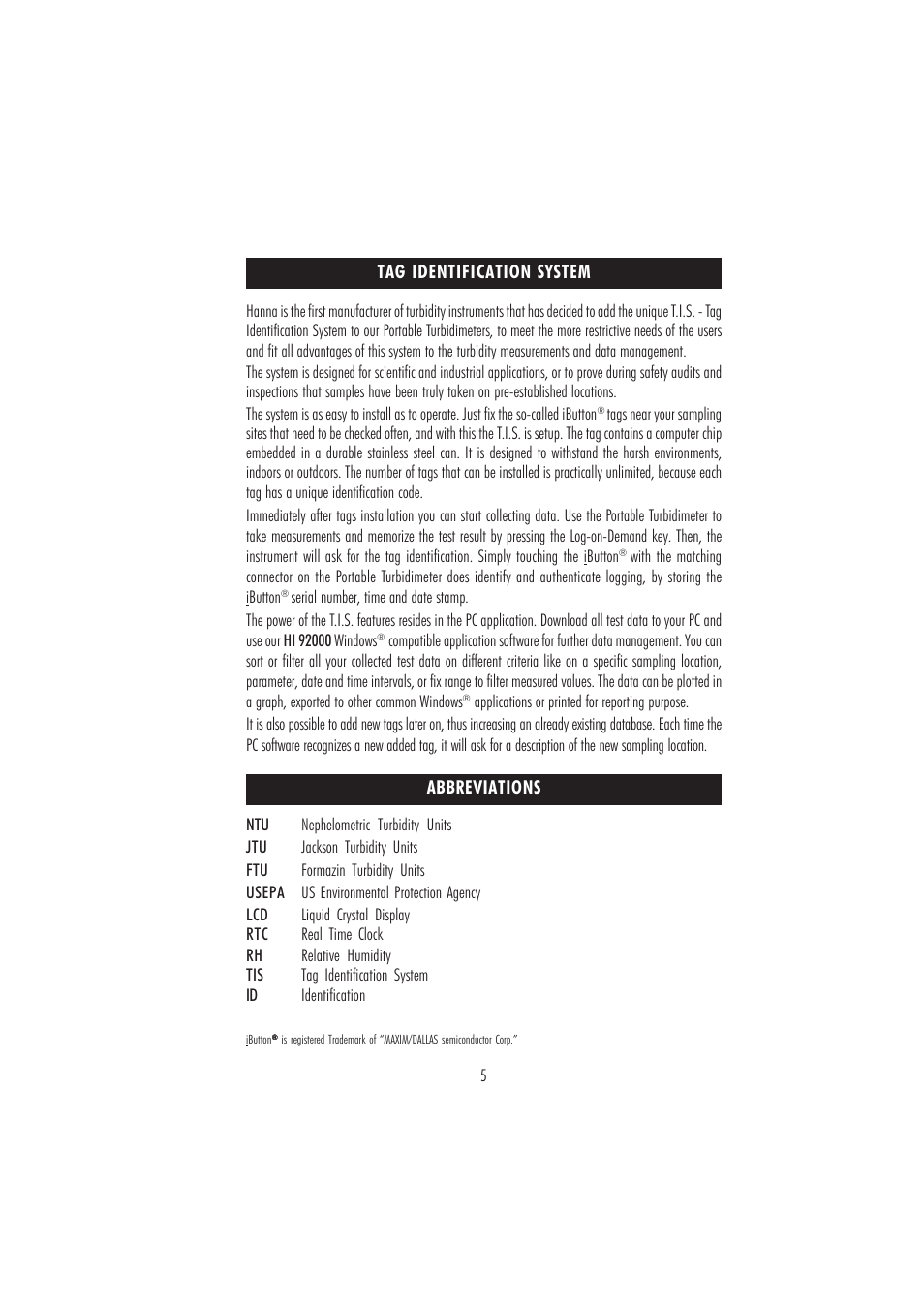 Tag identification system abbreviations | Hanna Instruments HI 98703 User Manual | Page 5 / 40