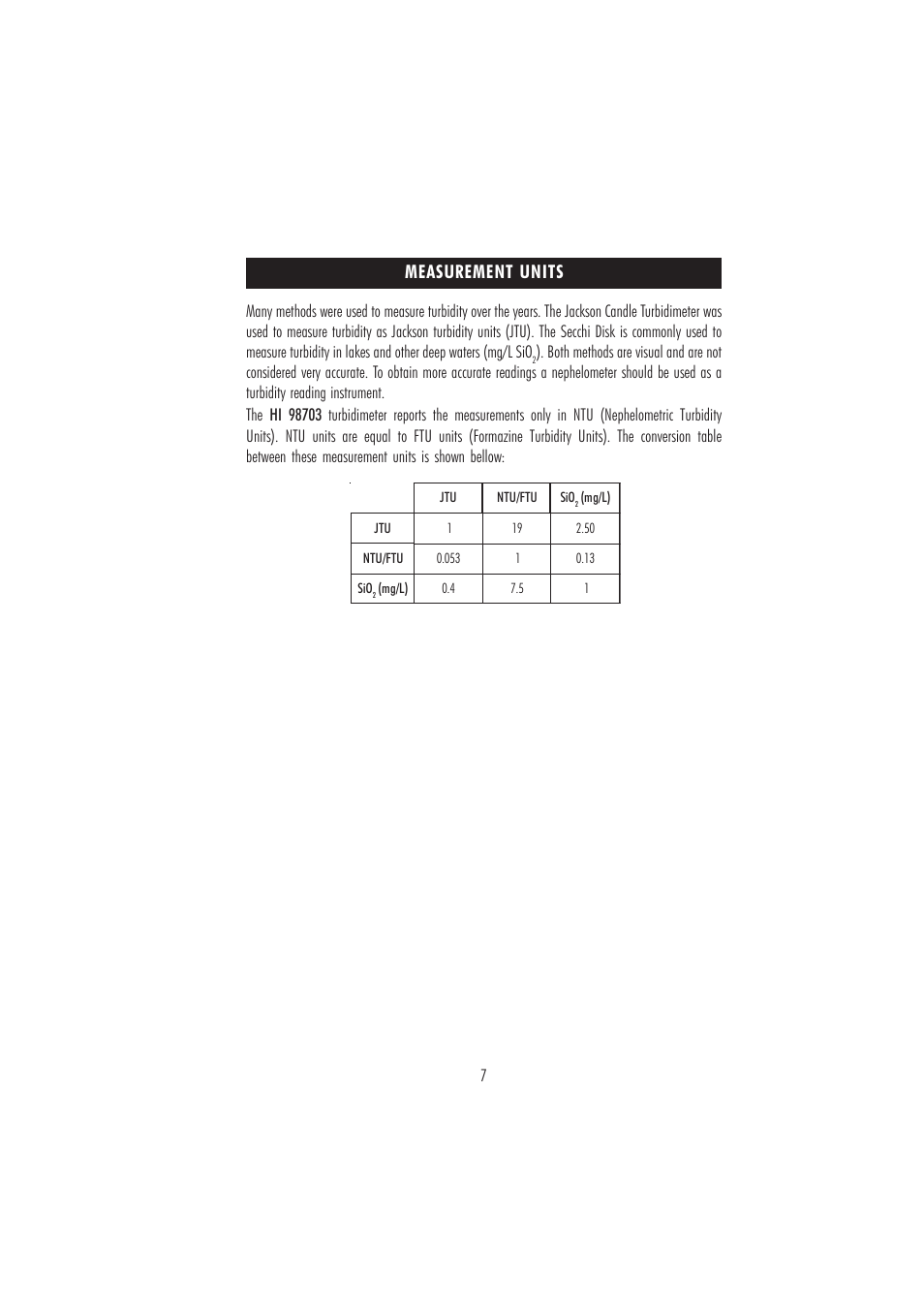 Measurement units | Hanna Instruments HI 98703 User Manual | Page 7 / 40