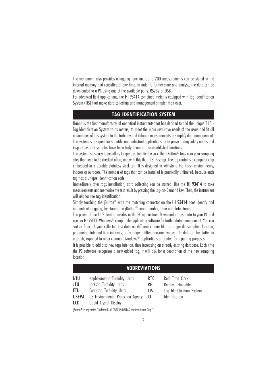 Tag identification system, Abbreviations | Hanna Instruments HI 93414 User Manual | Page 5 / 52