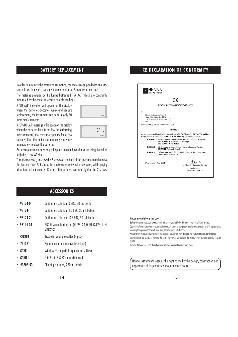 Ce declaration of conformity, Accessories, Battery replacement | Hanna Instruments HI 93124 User Manual | Page 8 / 9