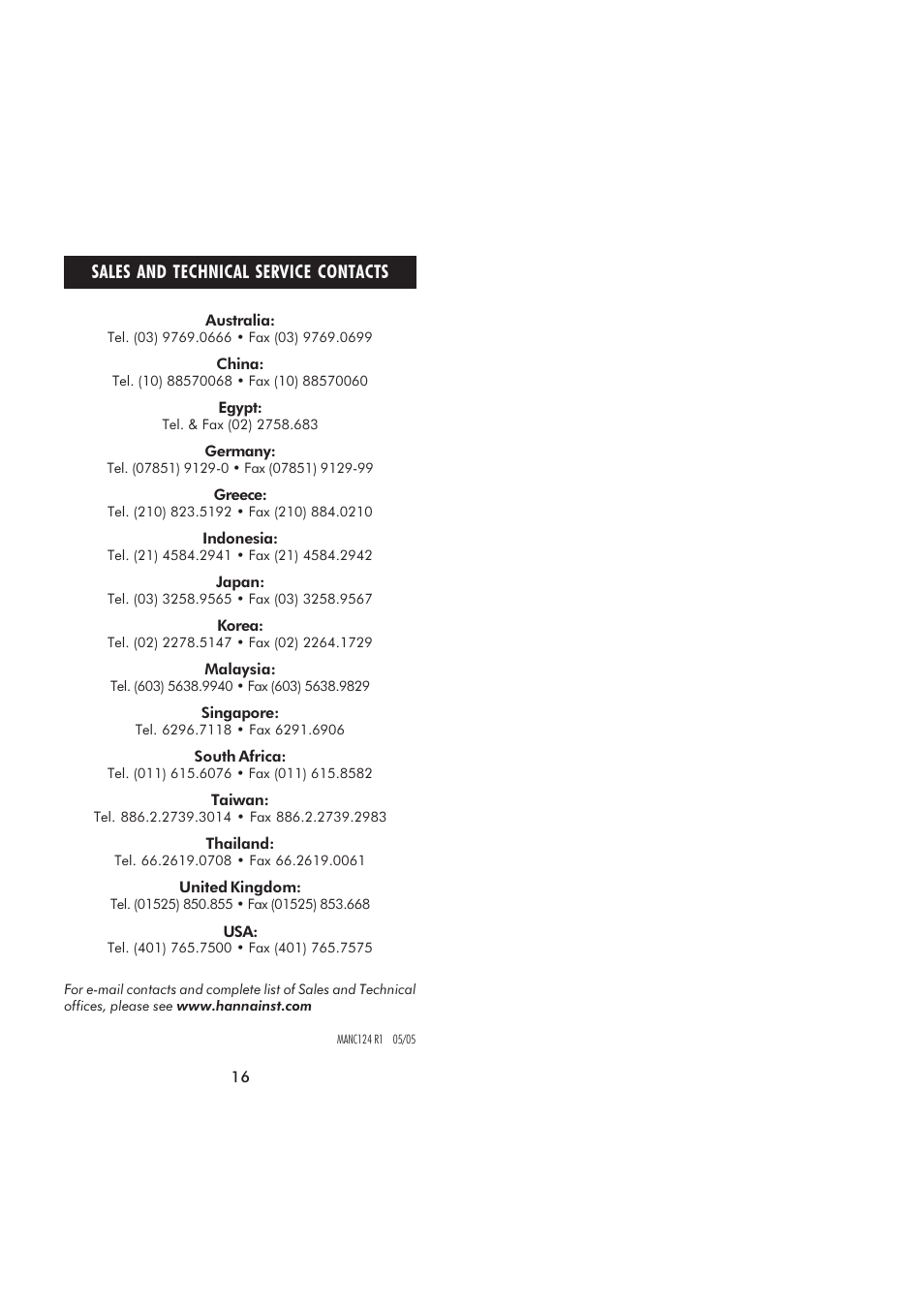 Sales and technical service contacts | Hanna Instruments HI 93124 User Manual | Page 9 / 9