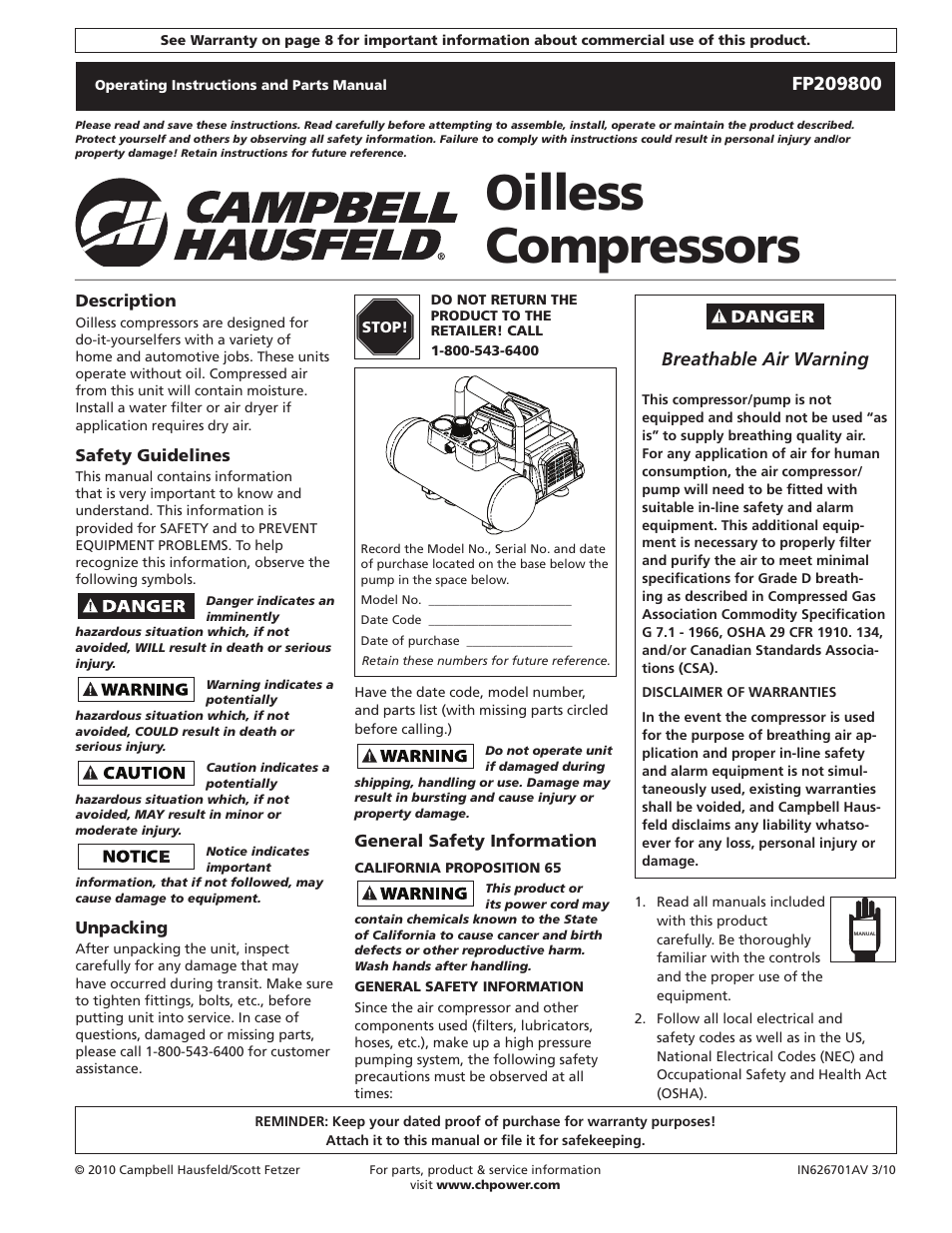 Campbell Hausfeld FP209800 User Manual | 24 pages