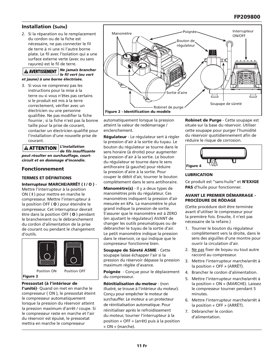 Installation, Fonctionnement | Campbell Hausfeld FP209800 User Manual | Page 11 / 24