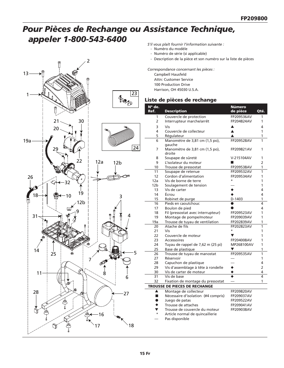 Liste de pièces de rechange | Campbell Hausfeld FP209800 User Manual | Page 15 / 24