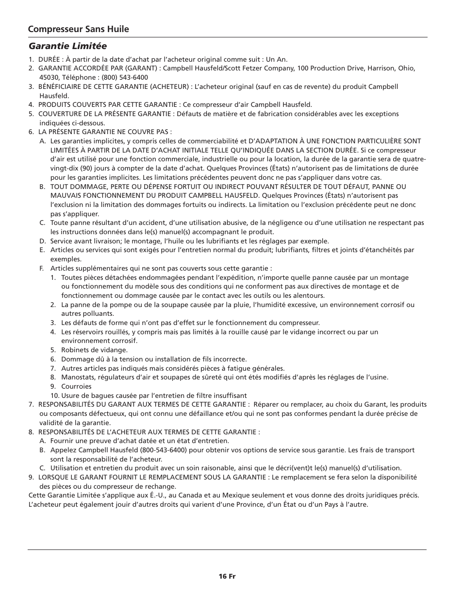 Compresseur sans huile garantie limitée | Campbell Hausfeld FP209800 User Manual | Page 16 / 24