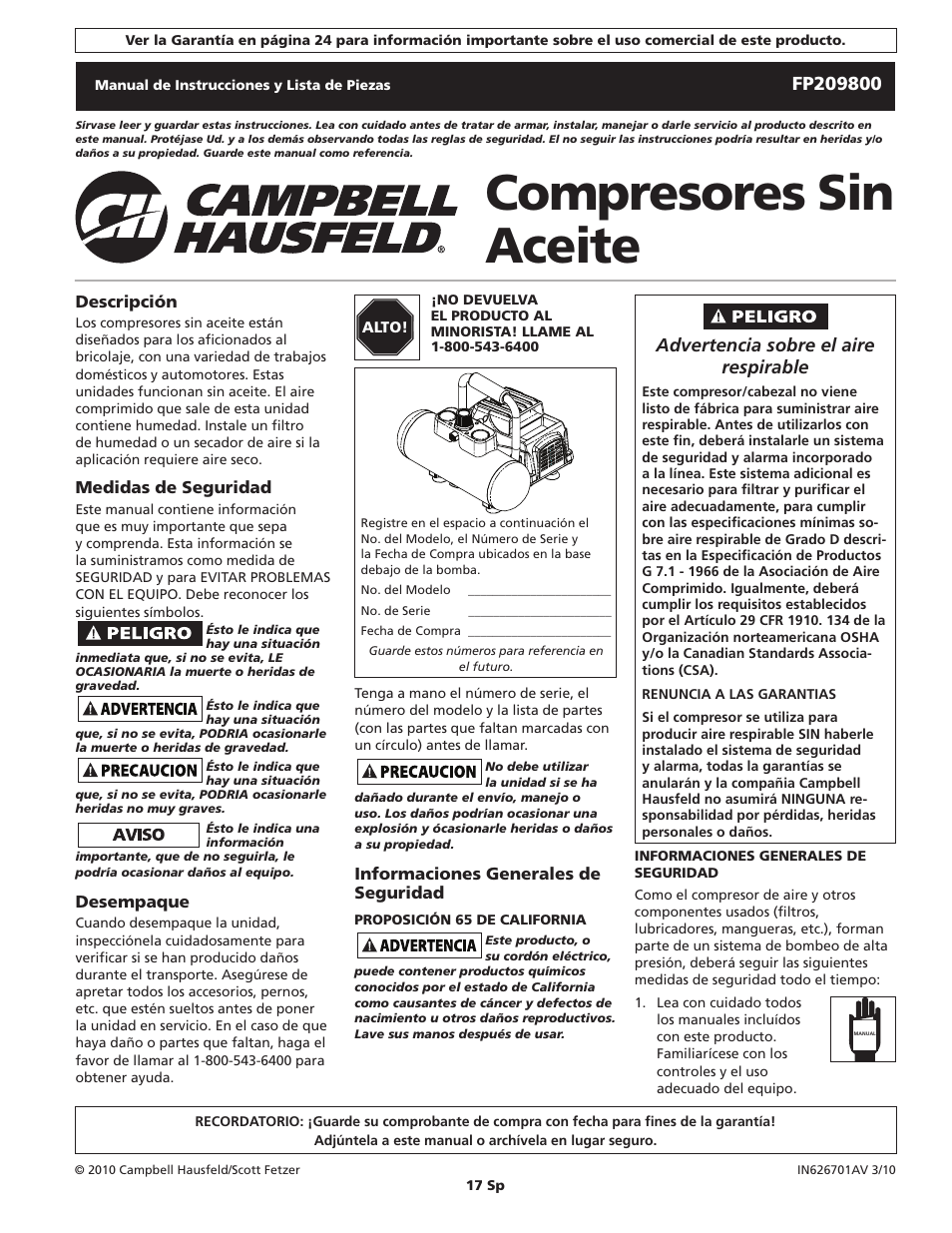 Compresores sin aceite, Advertencia sobre el aire respirable | Campbell Hausfeld FP209800 User Manual | Page 17 / 24