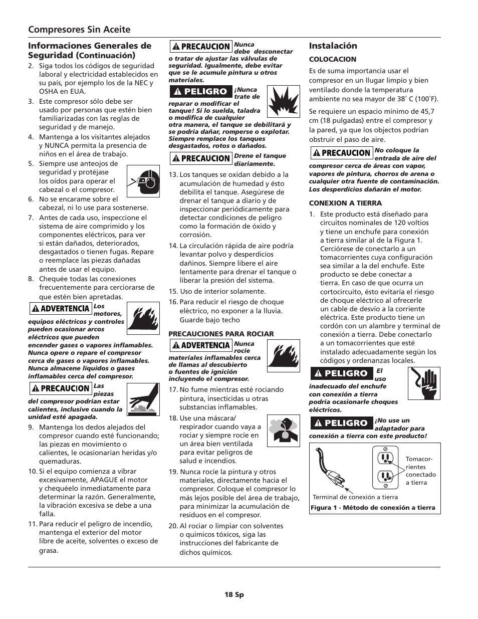 Compresores sin aceite, Instalación, Informaciones generales de seguridad | Campbell Hausfeld FP209800 User Manual | Page 18 / 24