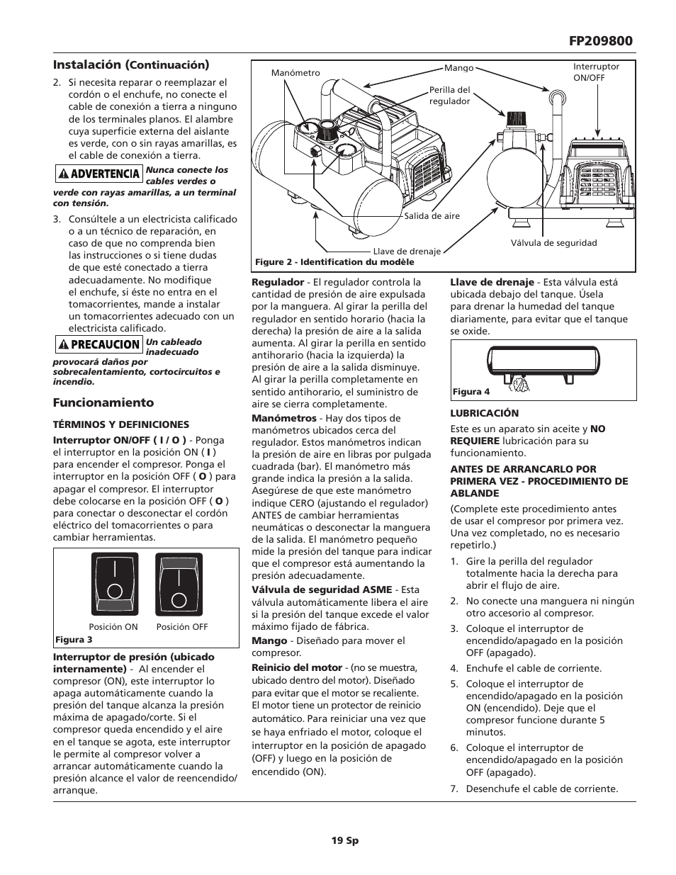 Instalación, Funcionamiento | Campbell Hausfeld FP209800 User Manual | Page 19 / 24