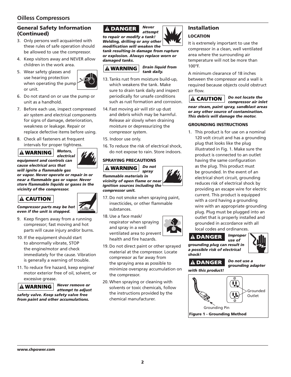 Oilless compressors, Installation, General safety information (continued) | Campbell Hausfeld FP209800 User Manual | Page 2 / 24