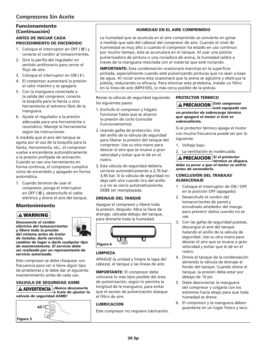 Compresores sin aceite, Funcionamiento, Mantenimiento | Campbell Hausfeld FP209800 User Manual | Page 20 / 24