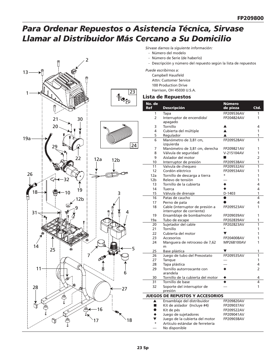Lista de repuestos | Campbell Hausfeld FP209800 User Manual | Page 23 / 24