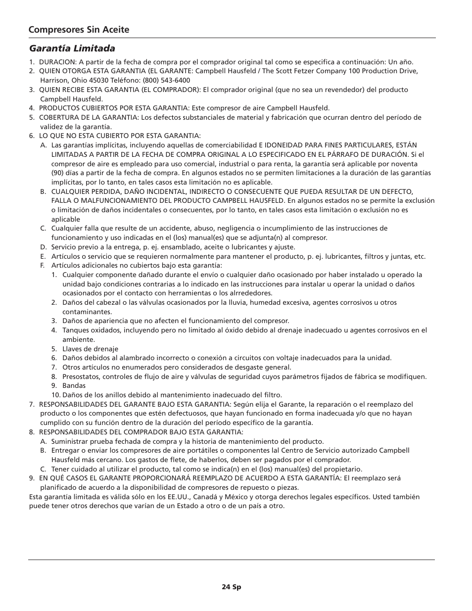 Compresores sin aceite garantía limitada | Campbell Hausfeld FP209800 User Manual | Page 24 / 24