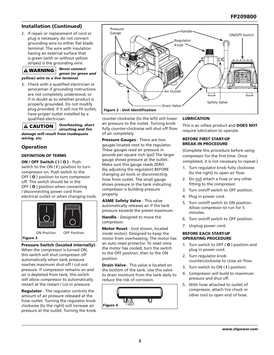 Installation (continued), Operation | Campbell Hausfeld FP209800 User Manual | Page 3 / 24