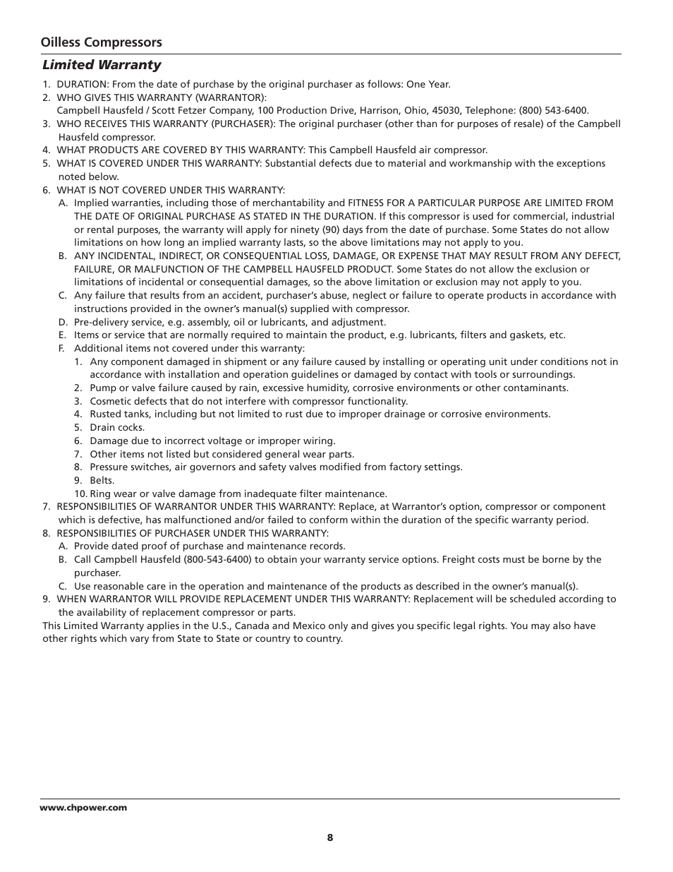 Oilless compressors, Limited warranty | Campbell Hausfeld FP209800 User Manual | Page 8 / 24