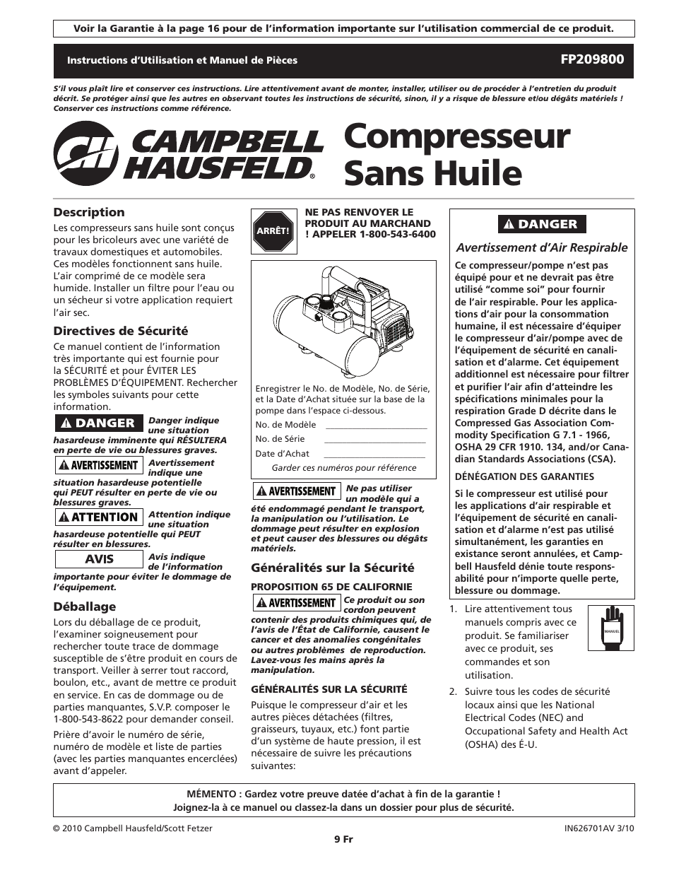 Compresseur sans huile | Campbell Hausfeld FP209800 User Manual | Page 9 / 24