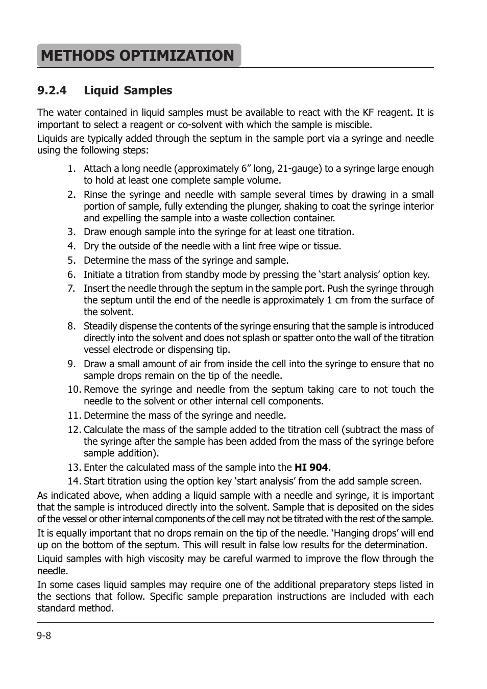 Methods optimization | Hanna Instruments HI 904 User Manual | Page 120 / 180