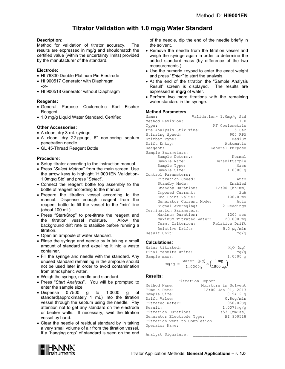 2013-06-25 hi9001en validation- 1.0mgpg.docx, Titrator validation with 1.0 mg/g water standard, Method id: hi9001en | Hanna Instruments HI 904 User Manual | Page 143 / 180