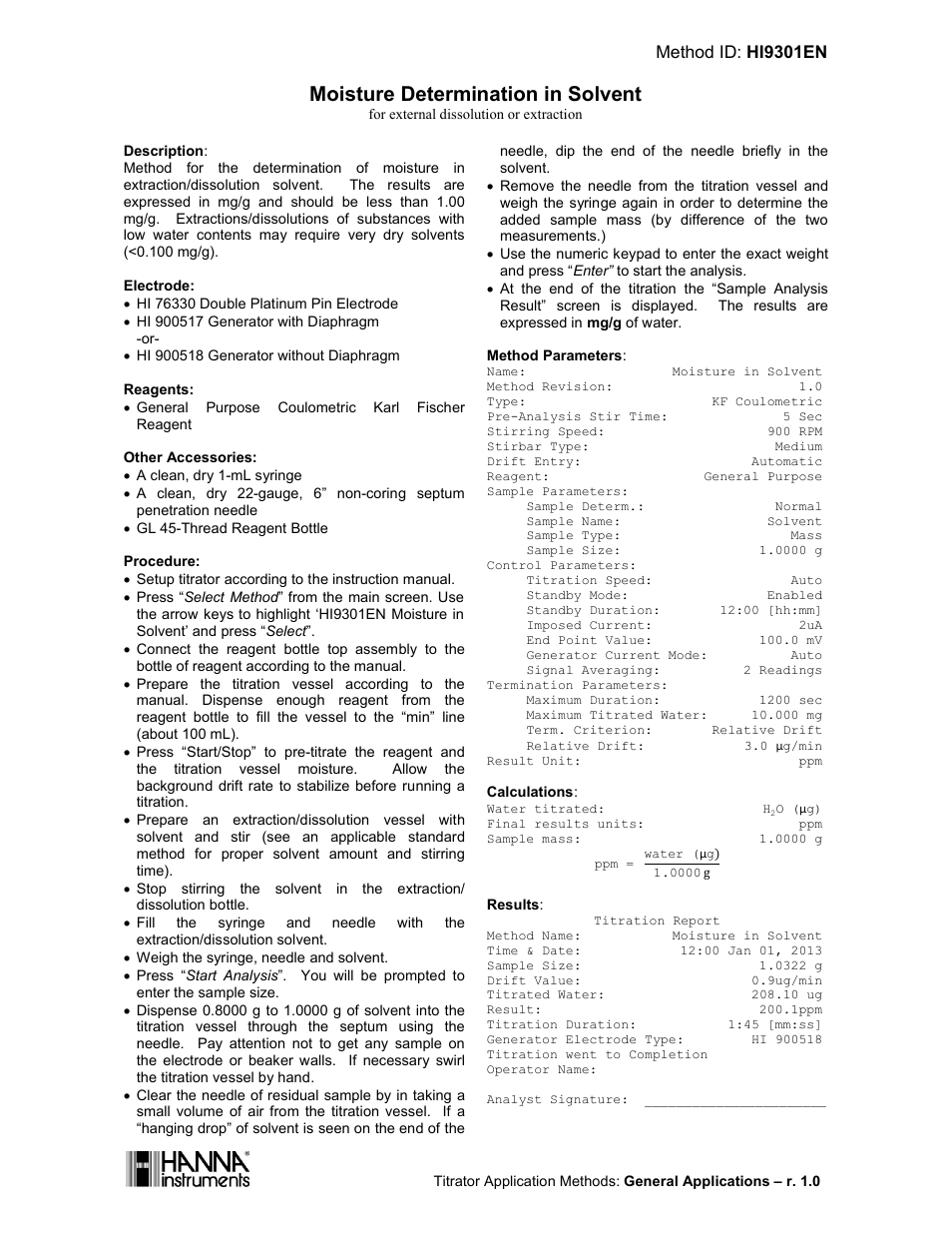 2013-06-25 hi9301en moisture in solvent.docx, Moisture determination in solvent, Method id: hi9301en | Hanna Instruments HI 904 User Manual | Page 145 / 180