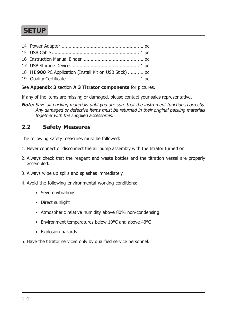 Setup, 2 safety measures | Hanna Instruments HI 904 User Manual | Page 26 / 180