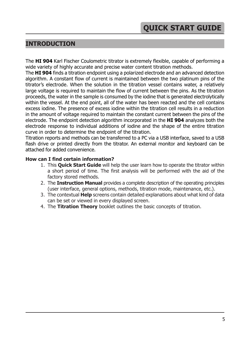 Quick start guide, Introduction | Hanna Instruments HI 904 User Manual | Page 5 / 180