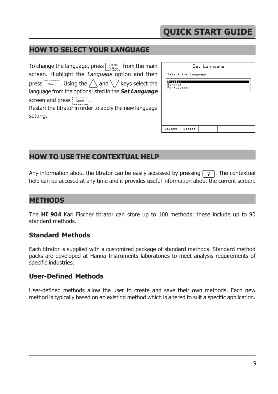 Quick start guide, How to select your language, How to use the contextual help | Methods | Hanna Instruments HI 904 User Manual | Page 9 / 180